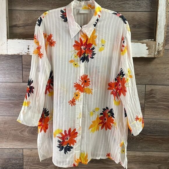 LIZ CLAIBORNE LIZSPORT Floral Sheer 3/4 Sleeve Button Up Blouse Size Large - Picture 3 of 9